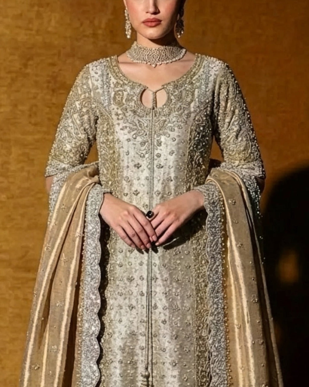 Haris Shakeel beige and gold zari embroidery close detail