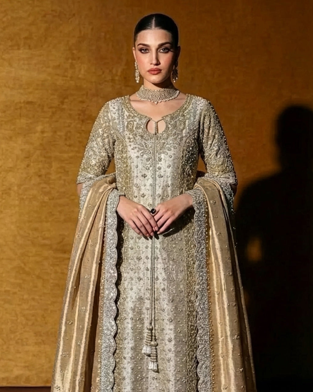 Haris shakeel Zari Embroidered Wedding Suit embroidery and neckline detail