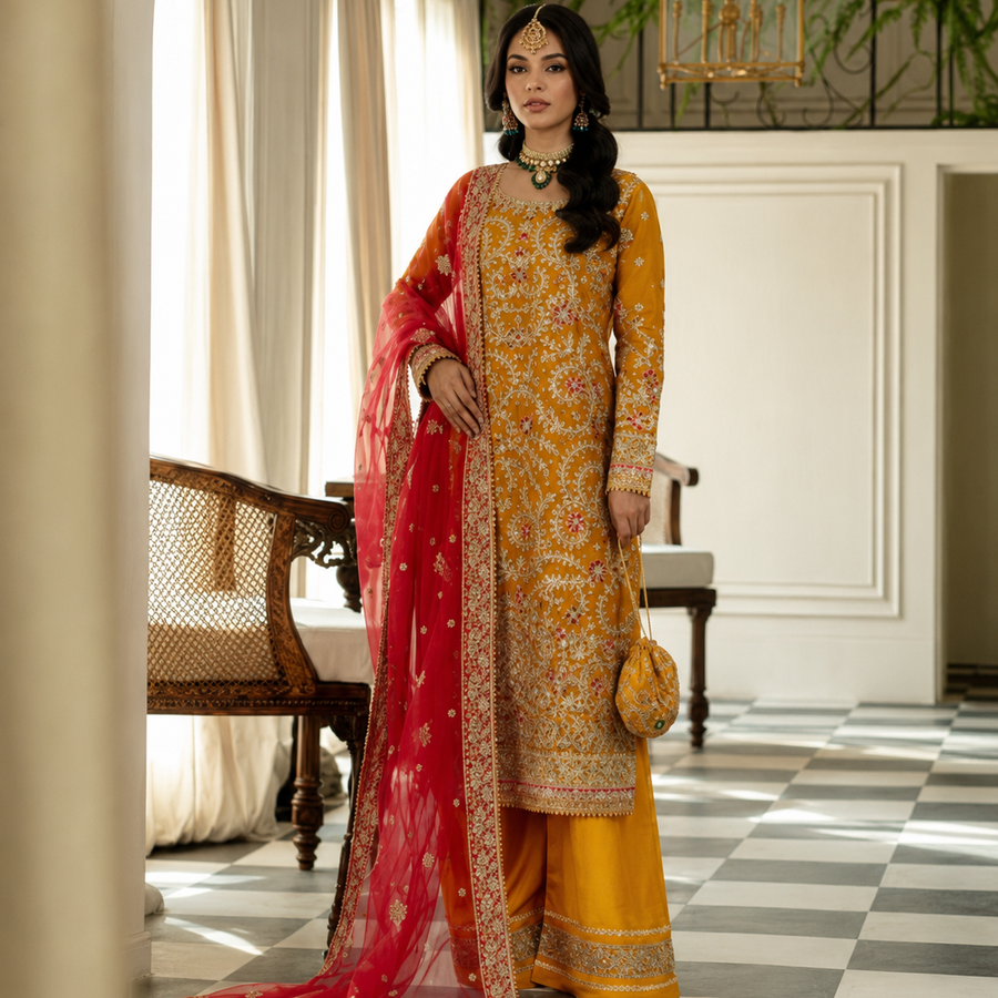 Hussain Rehar Raw Silk Embroidered Wedding Suit fabric and embroidery detail – NOOSHAM UK