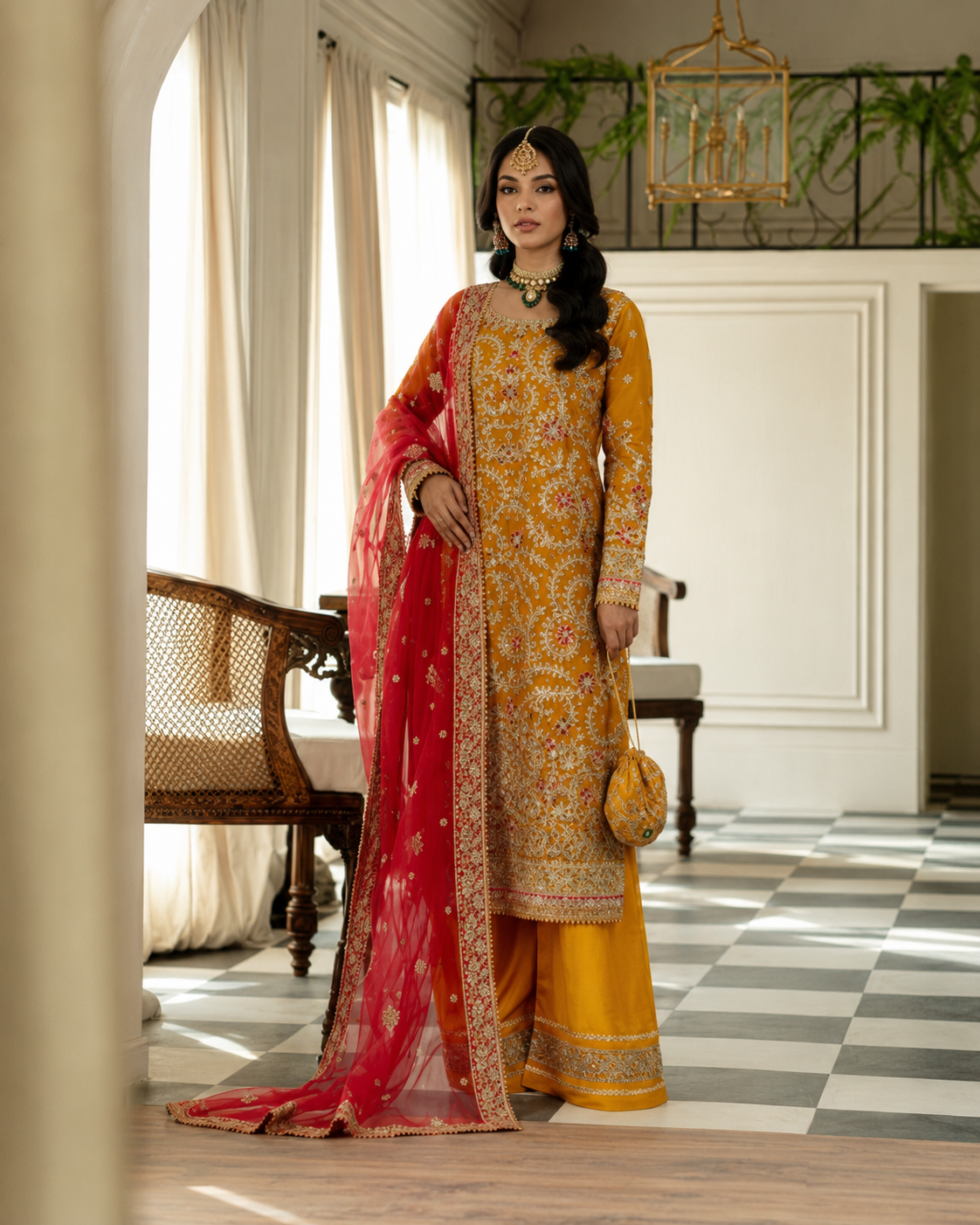 Hussain Rehar Mustard Yellow & Red Silk Pakistani occasion suit view 1