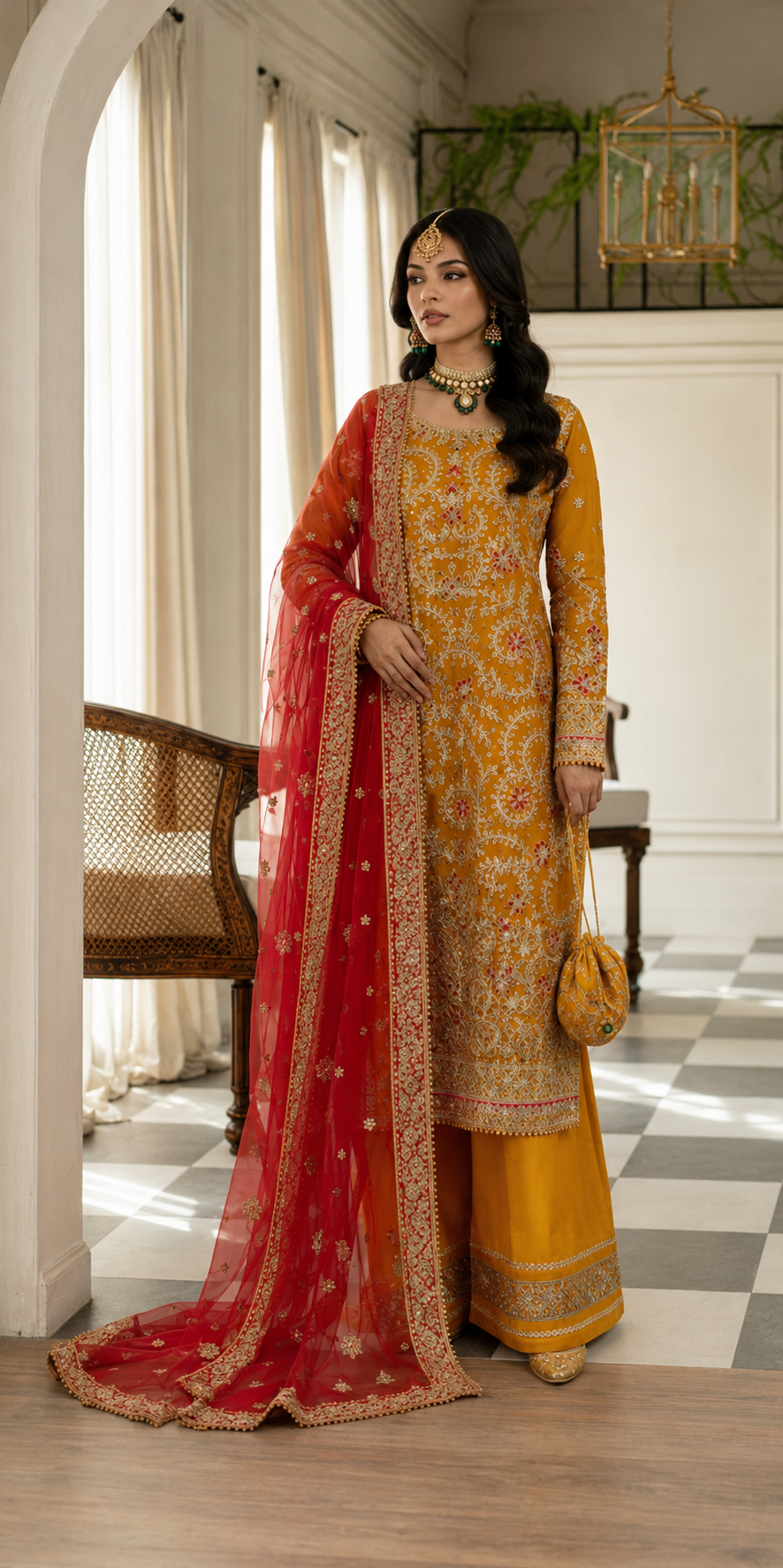 Hussain Rehar Mustard Yellow & Red Silk Pakistani occasion suit view 2