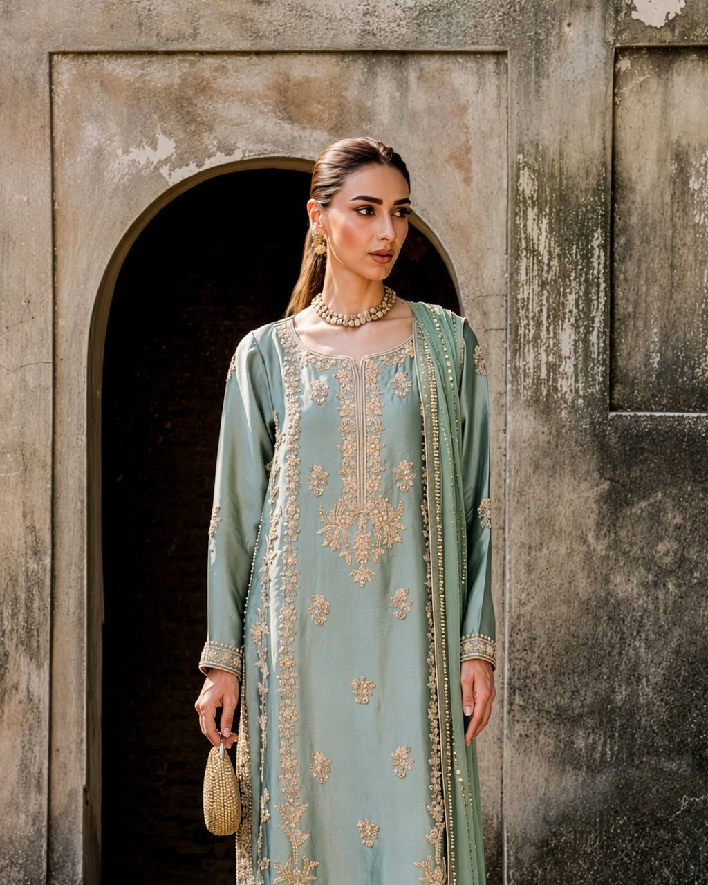 Hussain Rehar Tassel Silk Embroidered Wedding Suit embroidery and neckline detail