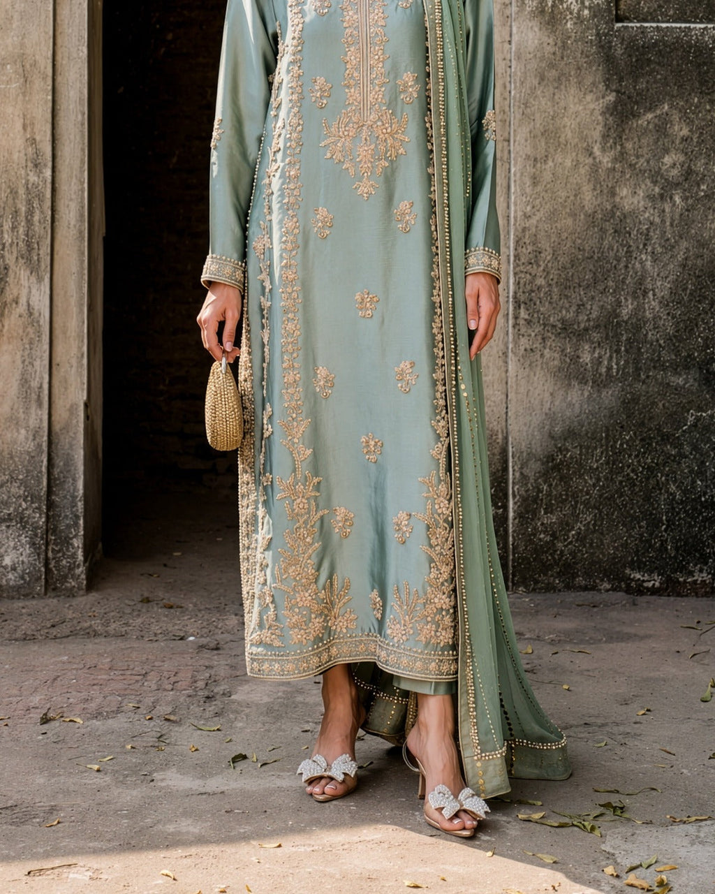 Hussain Rehar Tassel Silk Embroidered Wedding Suit fabric, border and hem detail