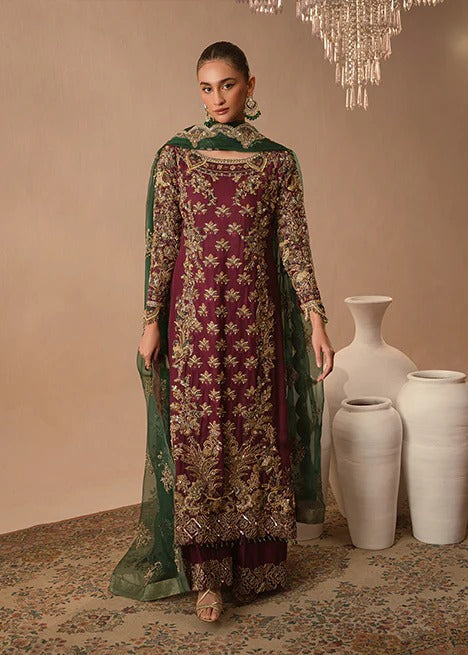 Abeera Usman Burgundy & Forest Green Silk embroidered dress fabric view 1