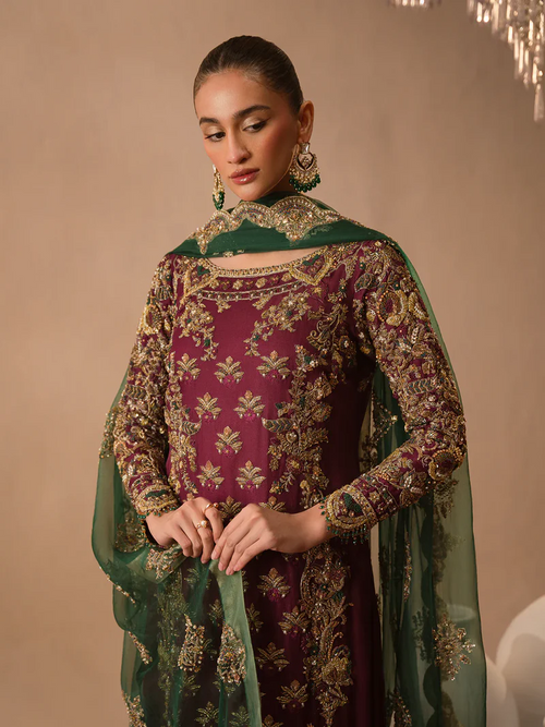 Abeera Usman Burgundy & Forest Green Silk embroidered dress fabric view 2