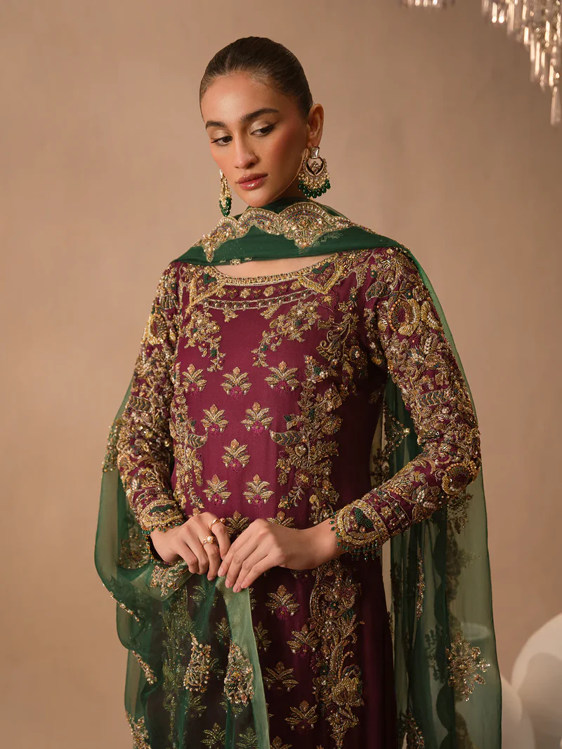 Abeera Usman Burgundy & Forest Green Silk embroidered dress fabric view 2