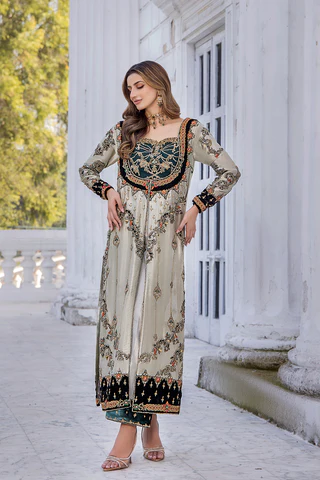 Shazia Kiyani Ivory & Black Velvet embroidered dress fabric view 1