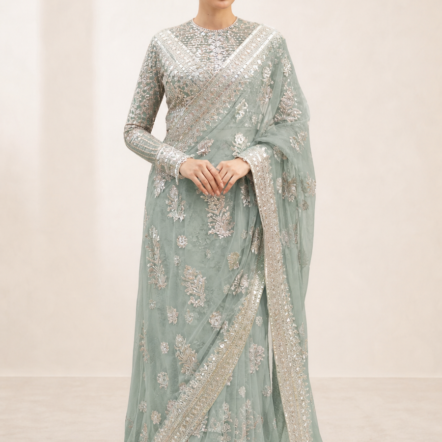 Imrozia Mehrnaz IB-36 Mint Embroidered Saree fabric and embroidery detail – NOOSHAM UK