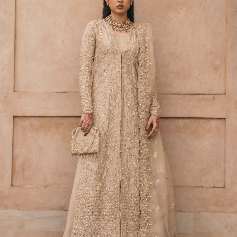 Kanwal Malik Champagne & Gold Organza Embroidered Dress Fabric fabric and embroidery detail – NOOSHAM UK