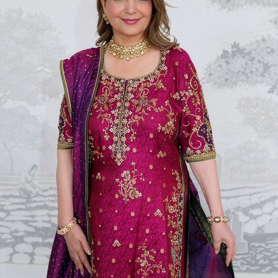 Farah Talib Azeez Magenta & Purple Tassel Silk Embroidered Dress Fabric fabric and embroidery detail – NOOSHAM UK