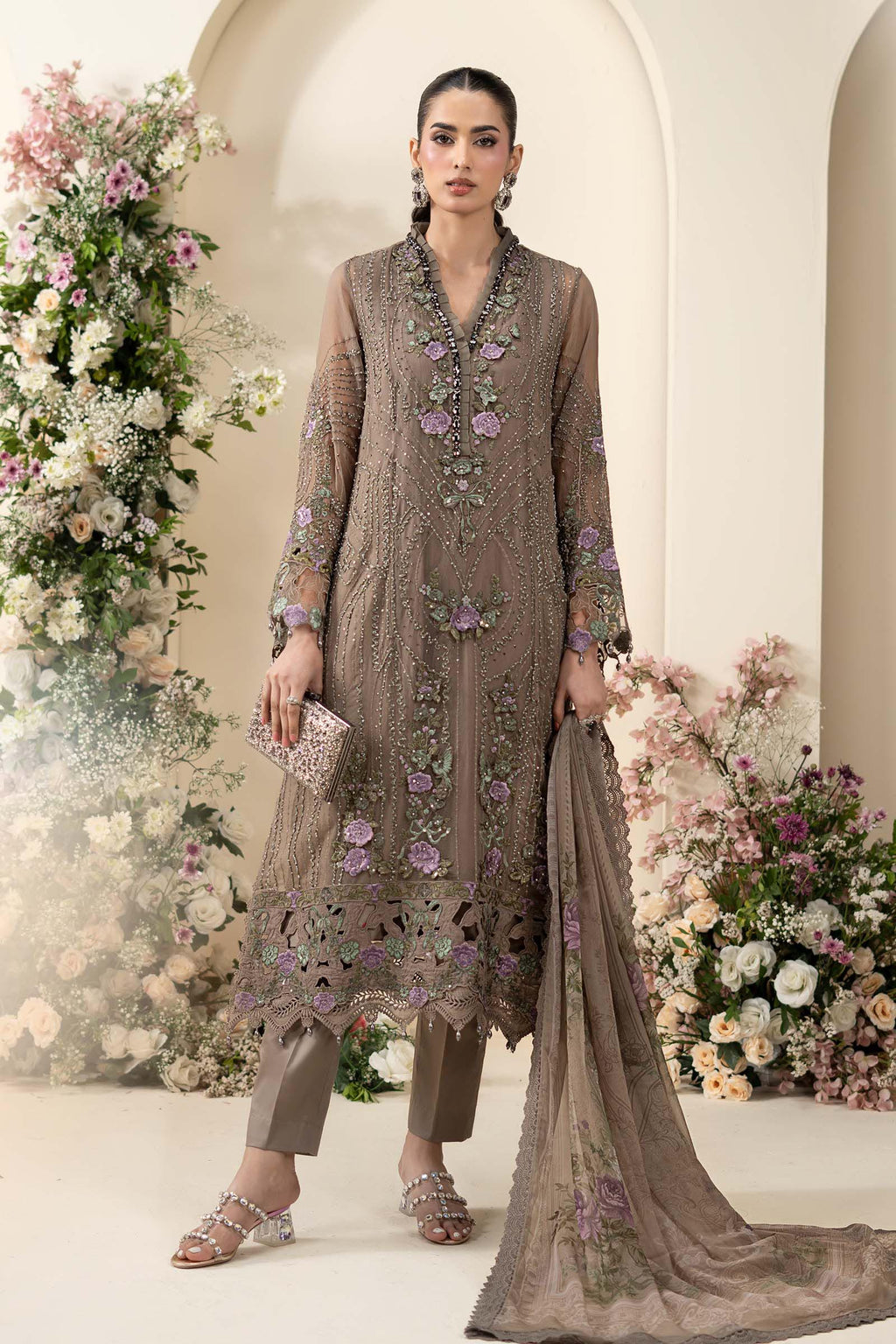Maria B Chiffons Volume 06 D2 taupe embroidered chiffon suit front