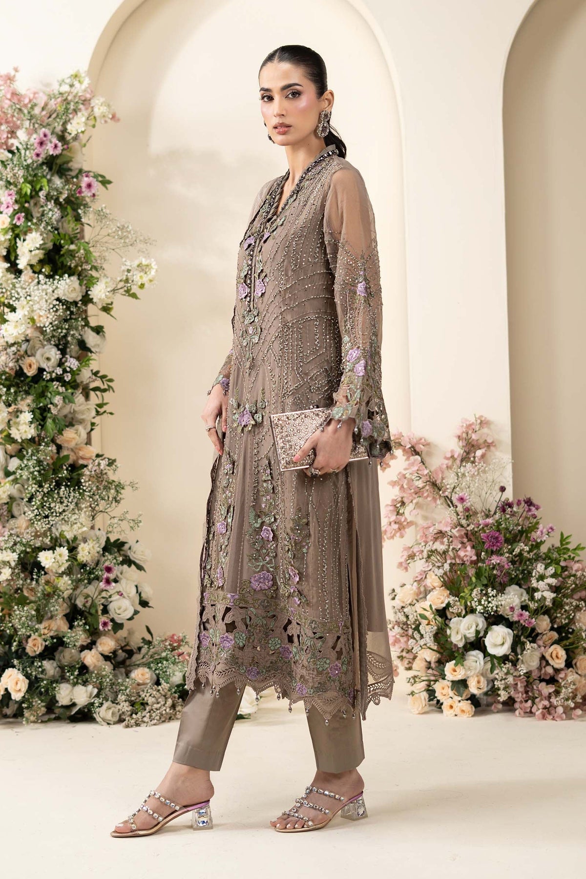 Maria B D2 taupe chiffon suit side view