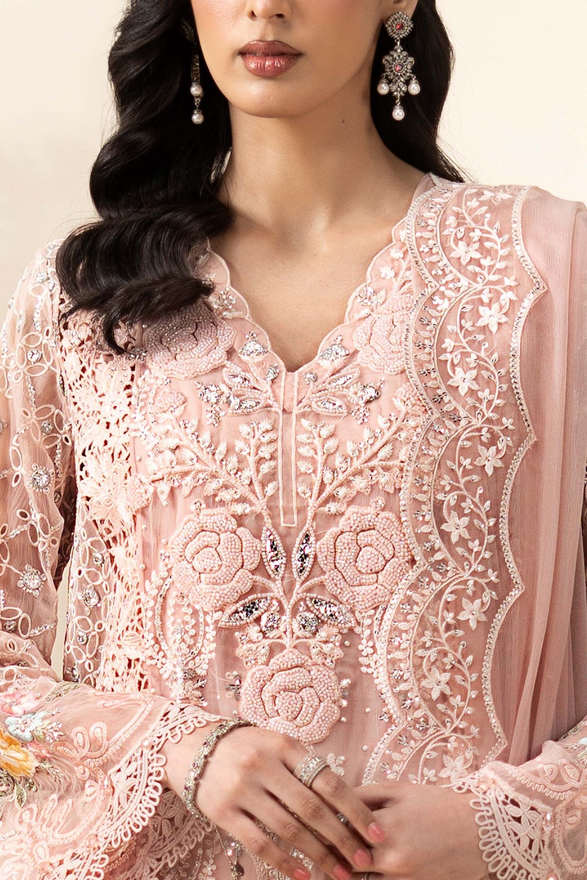 Maria B D4 peach chiffon neckline detail