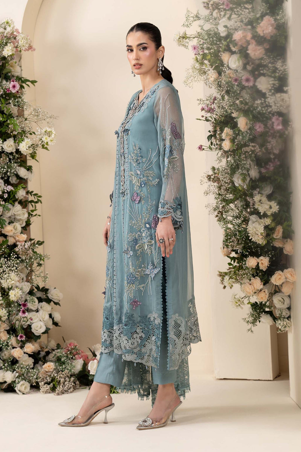 Maria B D6 dusty blue chiffon suit side view