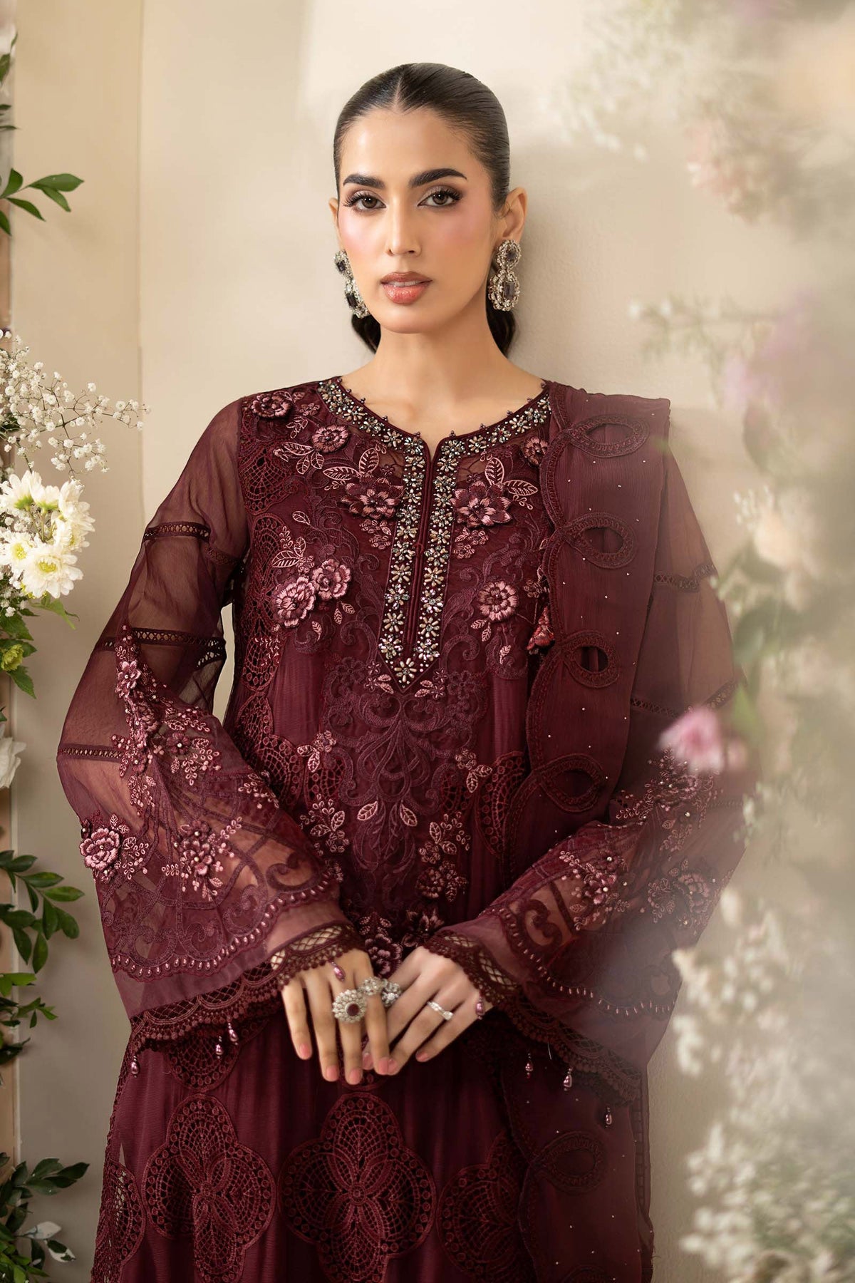 Maria B D8 burgundy chiffon neckline detail