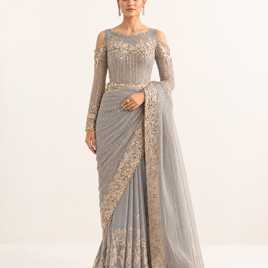 Maria B BD-2801 Embroidered Saree – 3 Colours fabric and embroidery detail – NOOSHAM UK
