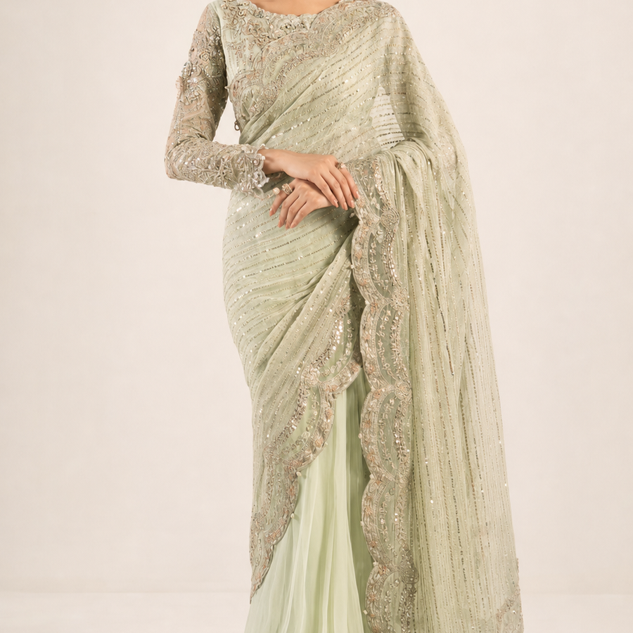 Maria B EF-38 Embroidered Saree – Sage & Peach fabric and embroidery detail – NOOSHAM UK