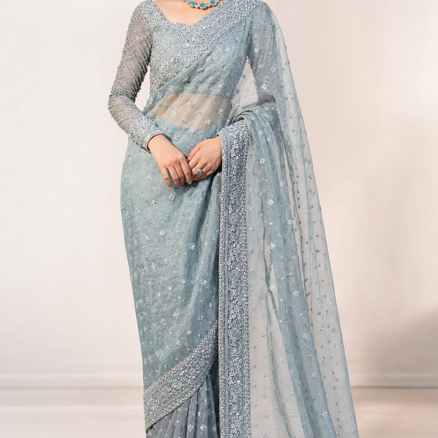 Maria B Gracin MC-25V1-01 Silver Grey Couture Saree fabric and embroidery detail – NOOSHAM UK