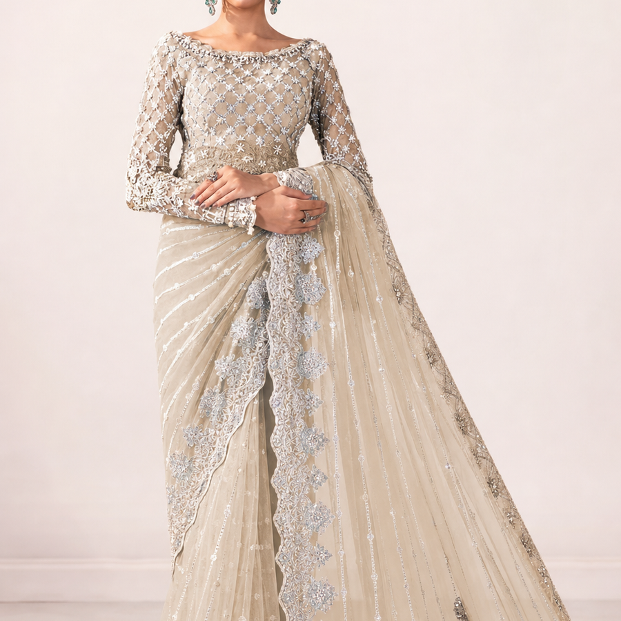 Maria B Mariella MC-1003 Embroidered Saree – 3 Colours fabric and embroidery detail – NOOSHAM UK