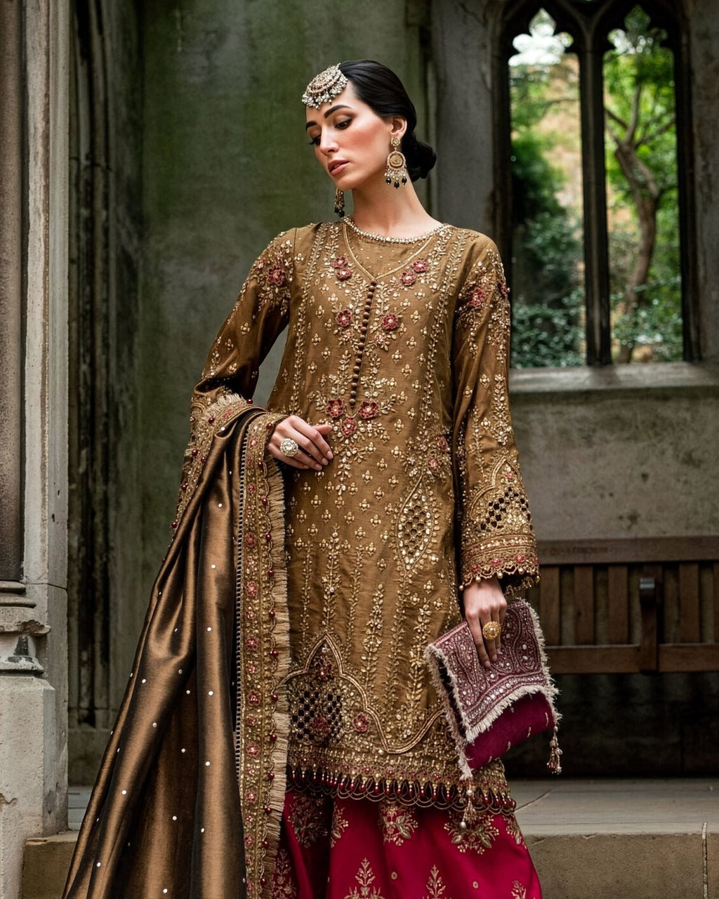 Maria B Tassel Silk Embroidered Wedding Suit embroidery and neckline detail