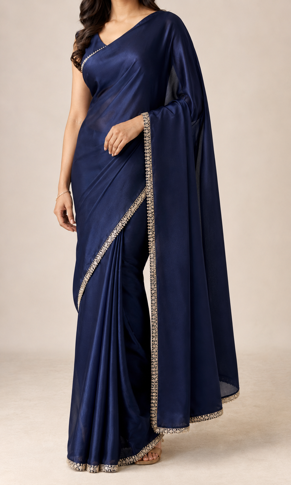Midnight Blue saree drape and detail view – NOOSHAM UK