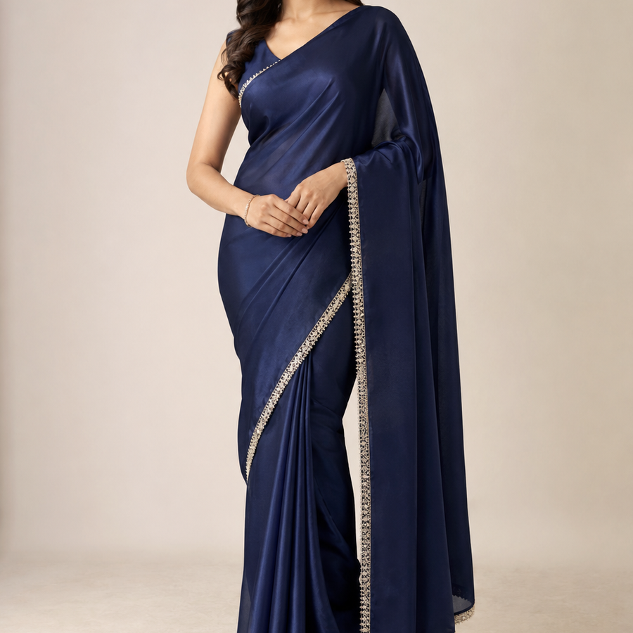 Midnight Blue Saree with Metallic Trim – Occasion Wear fabric and embroidery detail – NOOSHAM UK