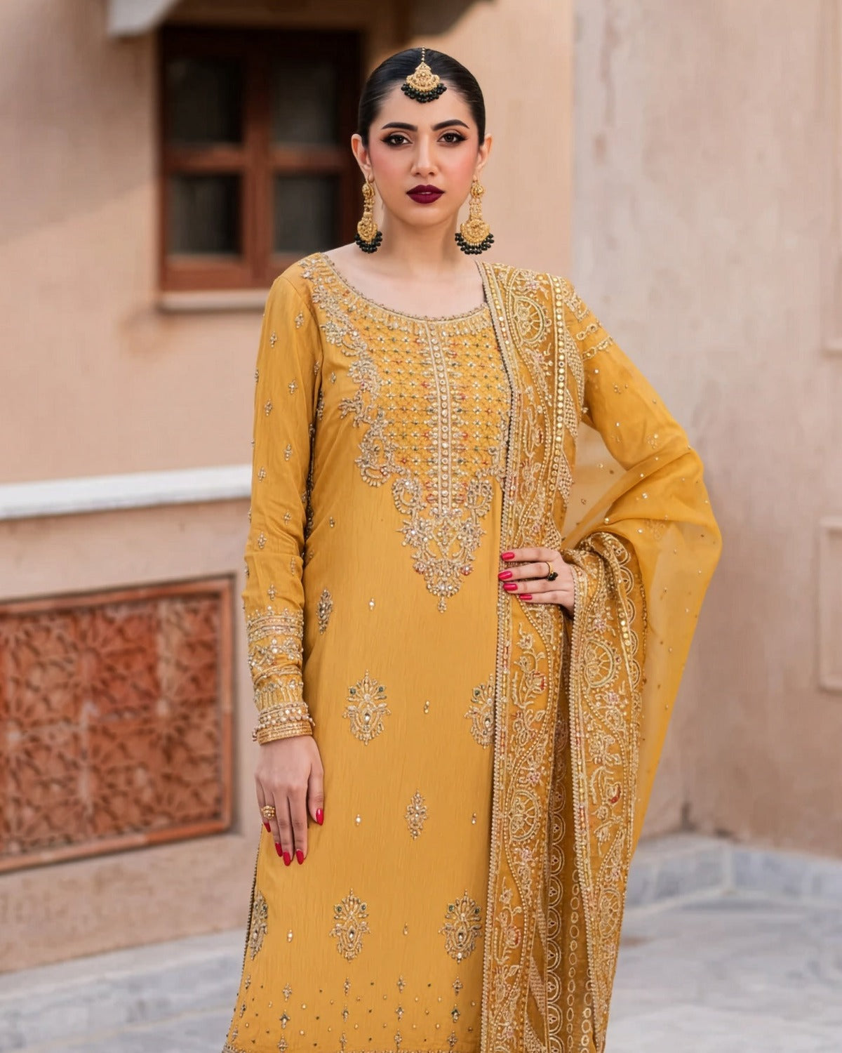 Naqshi Raw Silk Embroidered Wedding Suit embroidery and neckline detail