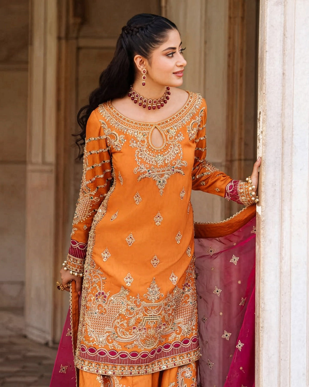 Naqshi Tassel Silk Embroidered Wedding Suit embroidery and neckline detail