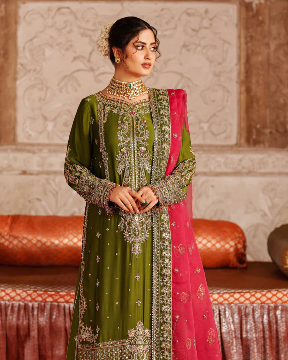 Naqshi Tassel Silk Embroidered Wedding Suit embroidery and neckline detail