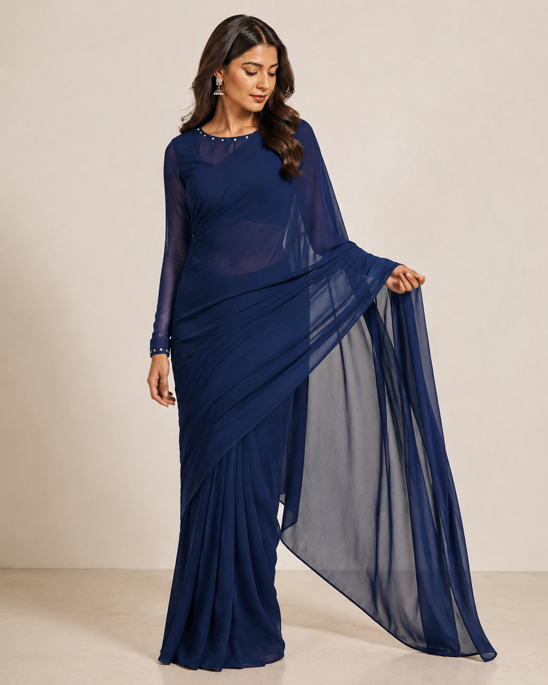 Navy Blue saree drape and detail view – NOOSHAM UK