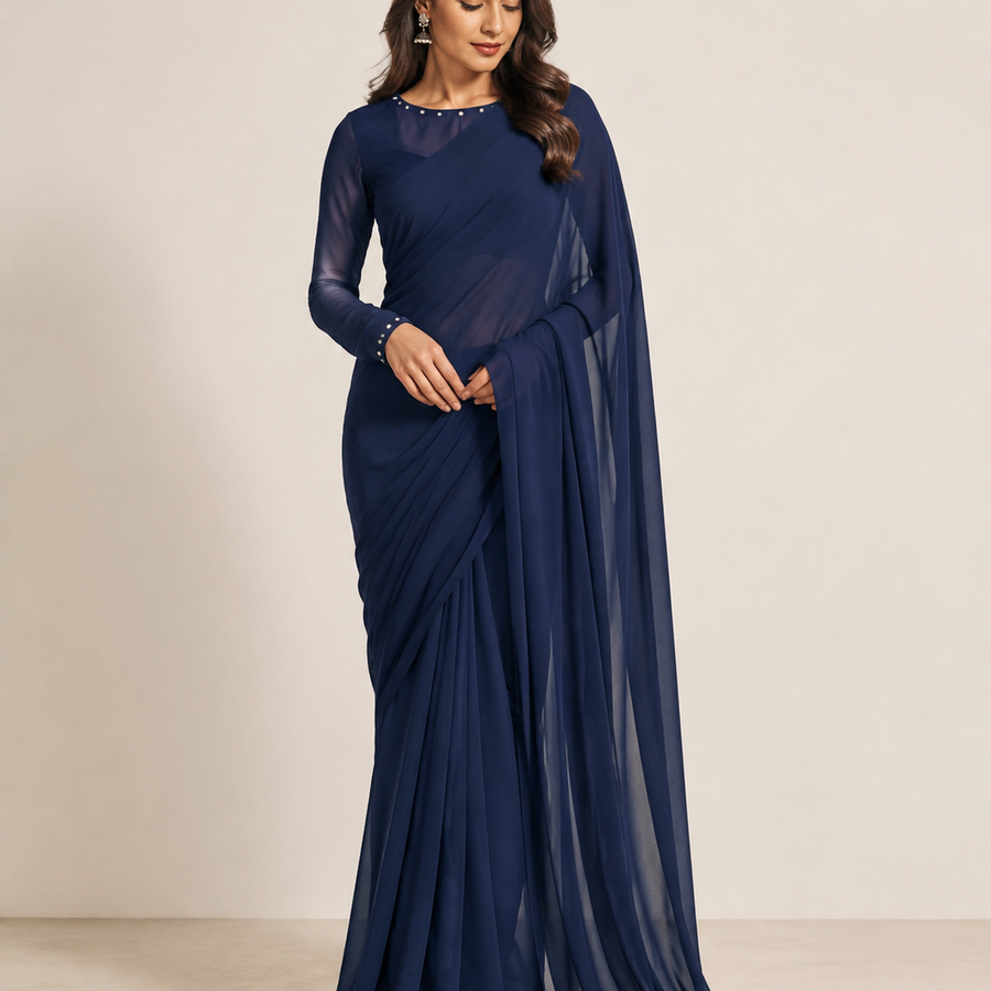 Navy Blue Saree – Sheer Draped Occasion Style fabric and embroidery detail – NOOSHAM UK