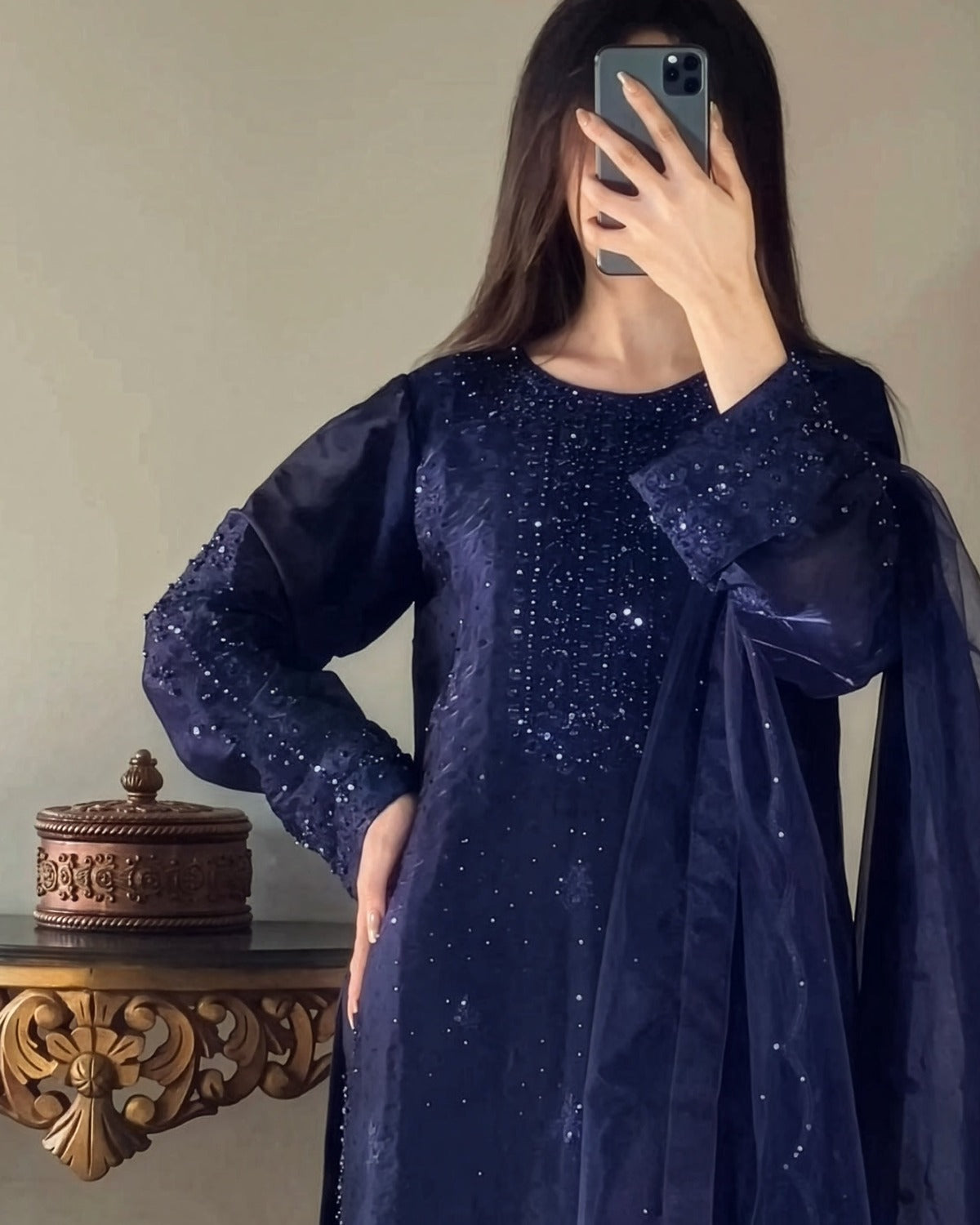 Hussain Rehar Navy Blue Sheesha Silk Embroidered Dress Fabric embroidery and neckline detail
