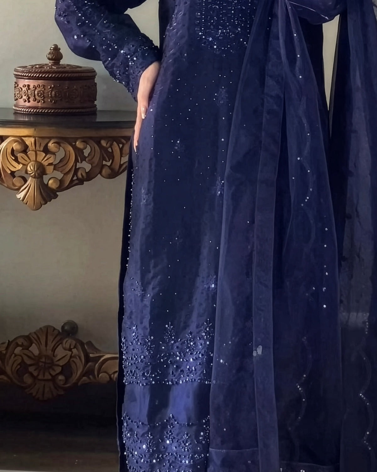 Hussain Rehar Navy Blue Sheesha Silk Embroidered Dress Fabric fabric, border and hem detail