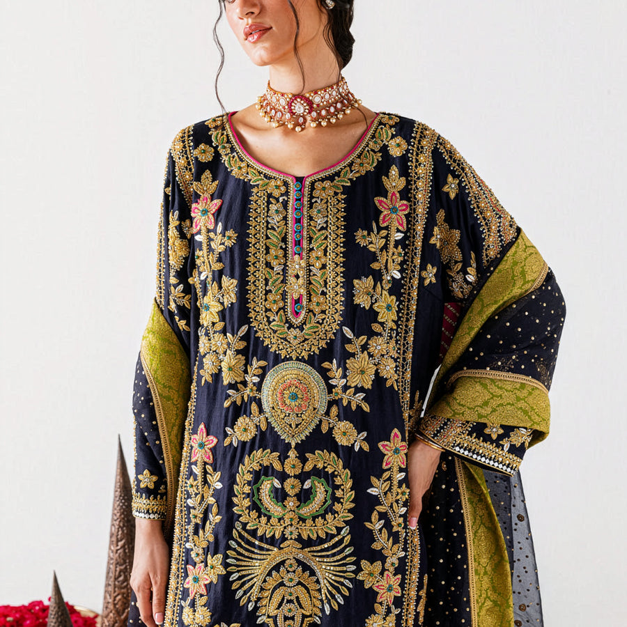 Sara Rohail Asghar Navy Blue & Olive Green Sheesha Silk Embroidered Dress Fabric fabric and embroidery detail – NOOSHAM UK