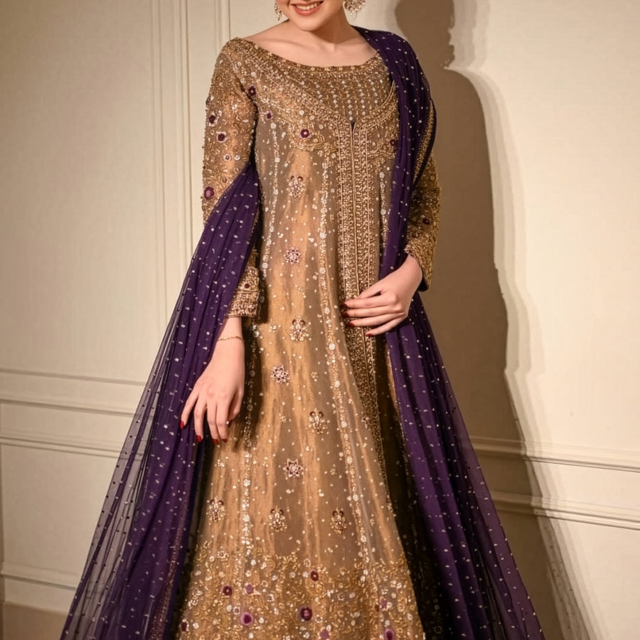 Haris Shakeel Purple & Gold Silk Embroidered Dupatta fabric and embroidery detail – NOOSHAM UK