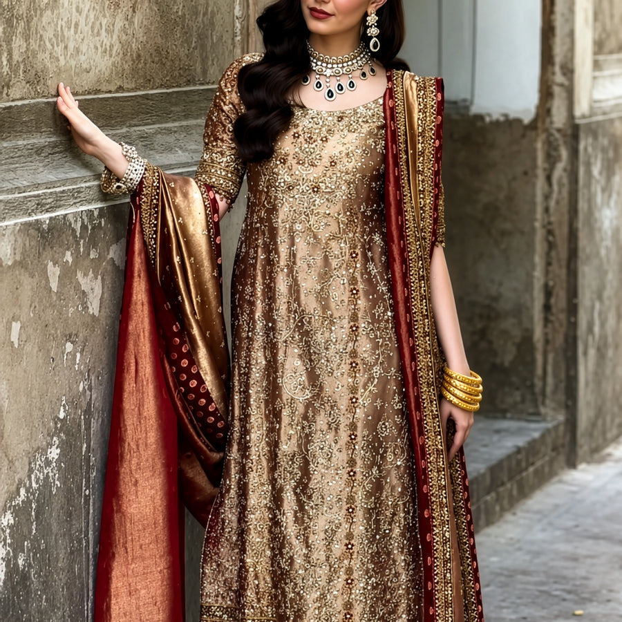 Haris Shakeel Red & Gold Zari Embroidered Dupatta fabric and embroidery detail – NOOSHAM UK