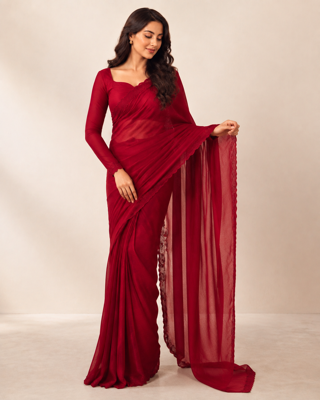Red Wine saree drape and detail view – NOOSHAM UK