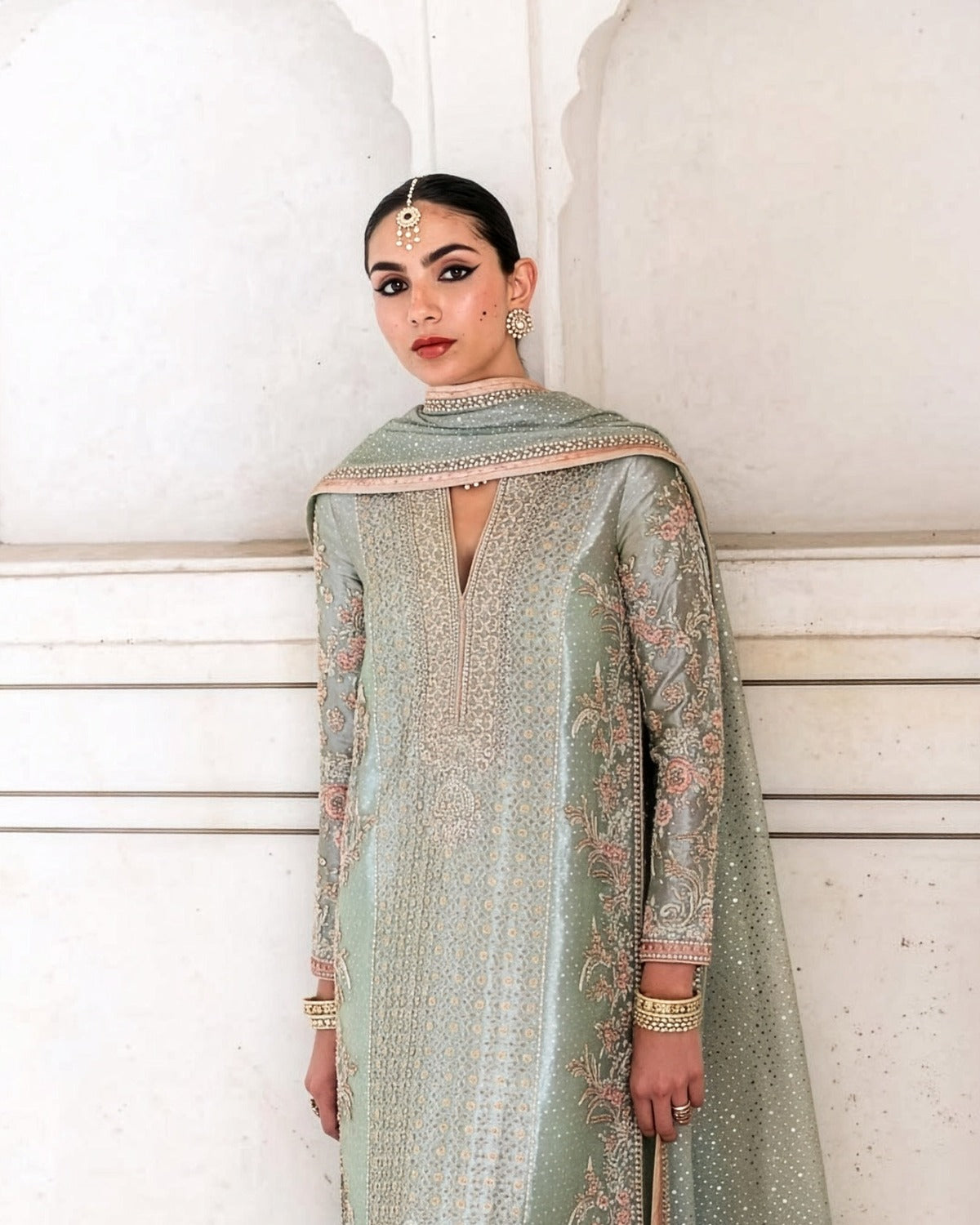 Farah & Fatima Sage Green Silk Embroidered Dress Fabric embroidery and neckline detail