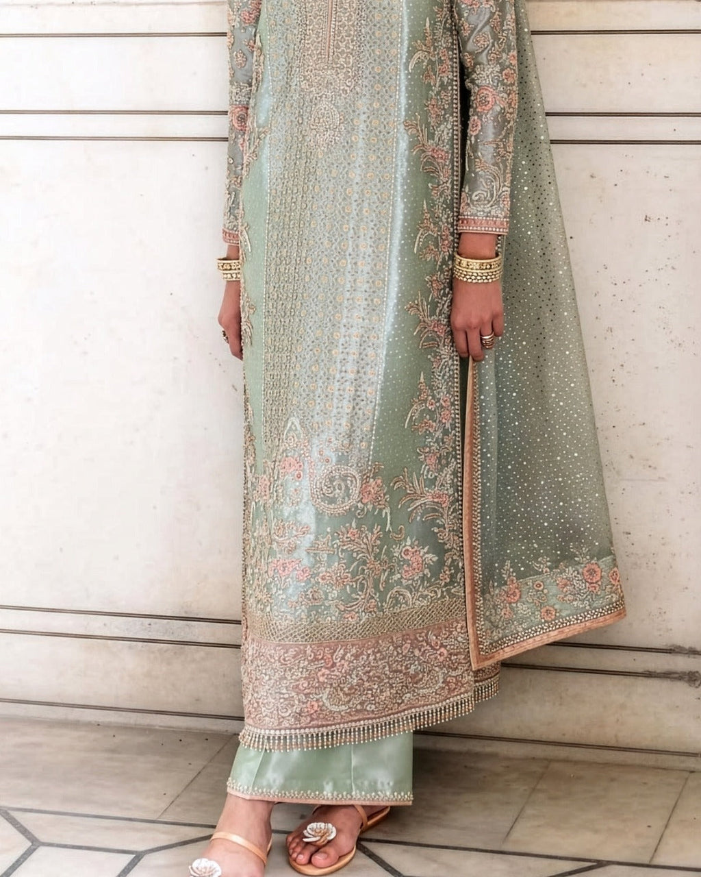 Farah & Fatima Sage Green Silk Embroidered Dress Fabric fabric, border and hem detail