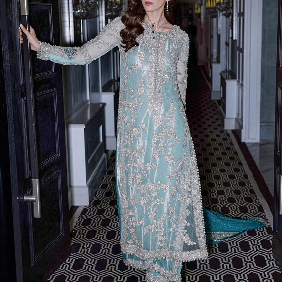 Sara Rohail Asghar Light Blue & Silver Silk Embroidered Dress Fabric fabric and embroidery detail – NOOSHAM UK