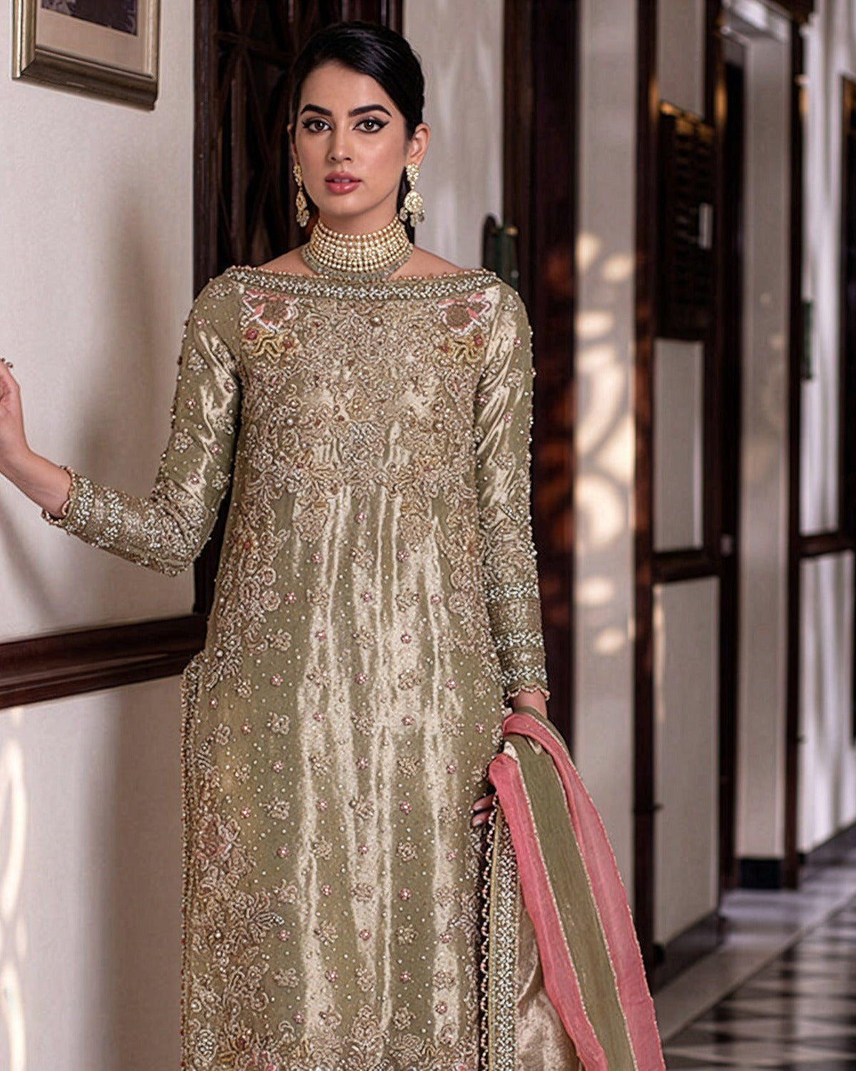 Sara Rohail Asghar Zari Embroidered Wedding Suit embroidery and neckline detail