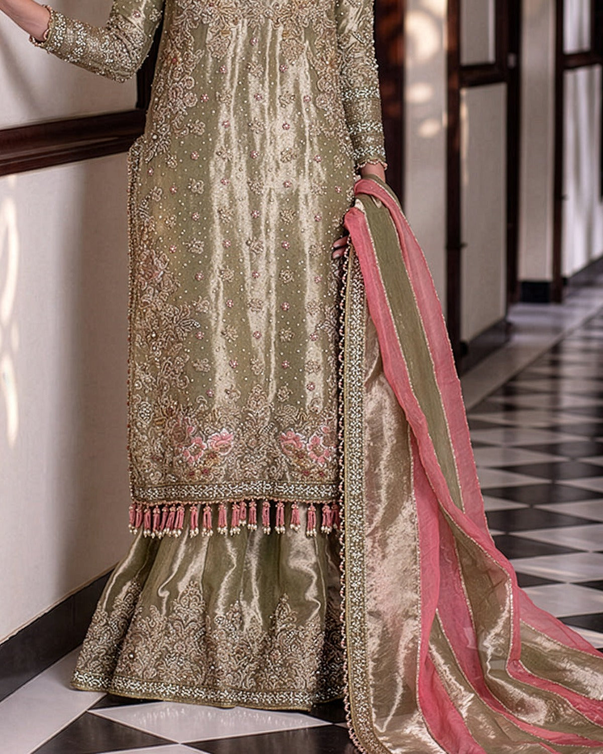 Sara Rohail Asghar Zari Embroidered Wedding Suit fabric, border and hem detail
