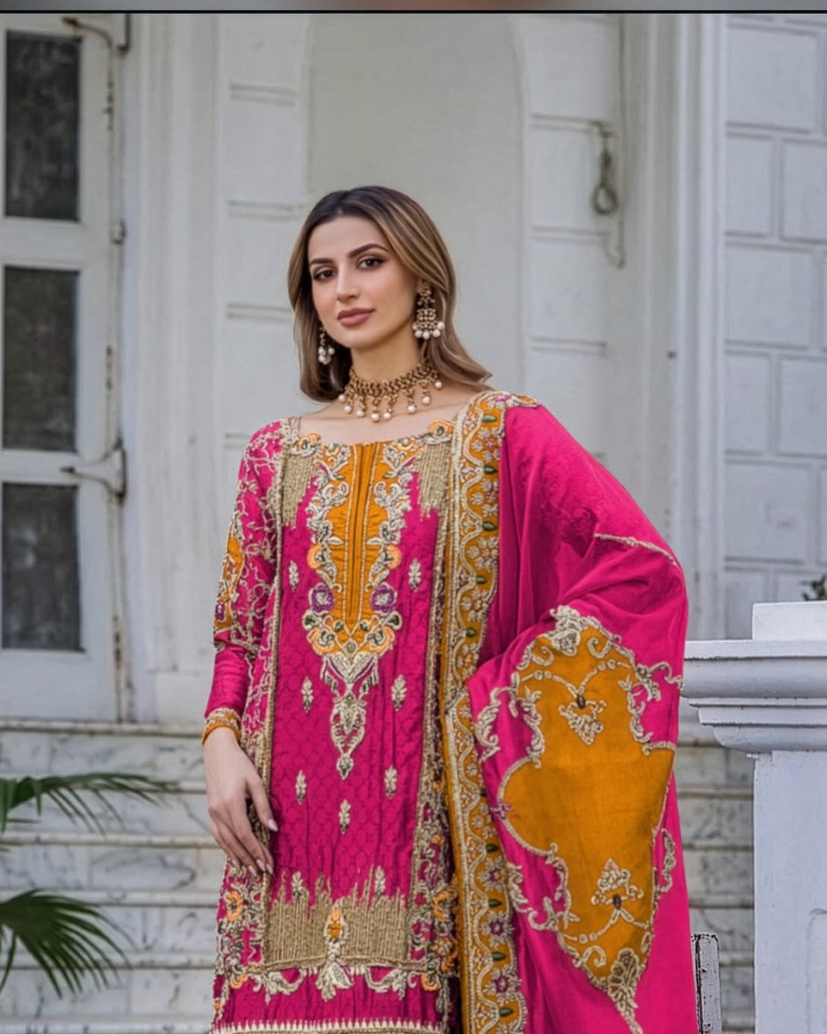 Shazia kiyani Tassel Silk Embroidered Wedding Suit embroidery and neckline detail