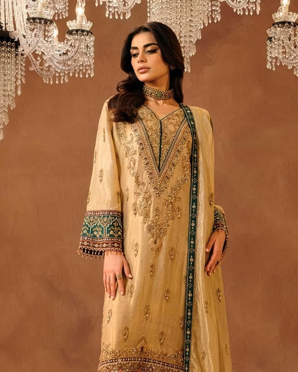 Shaziya kiyani Tassel Silk Embroidered Wedding Suit embroidery and neckline detail