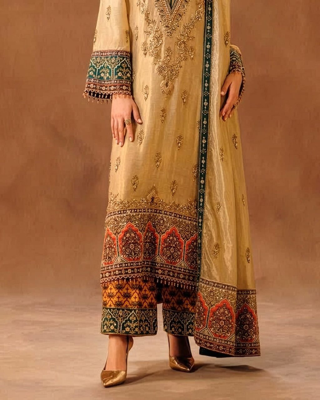 Shaziya kiyani Tassel Silk Embroidered Wedding Suit fabric, border and hem detail