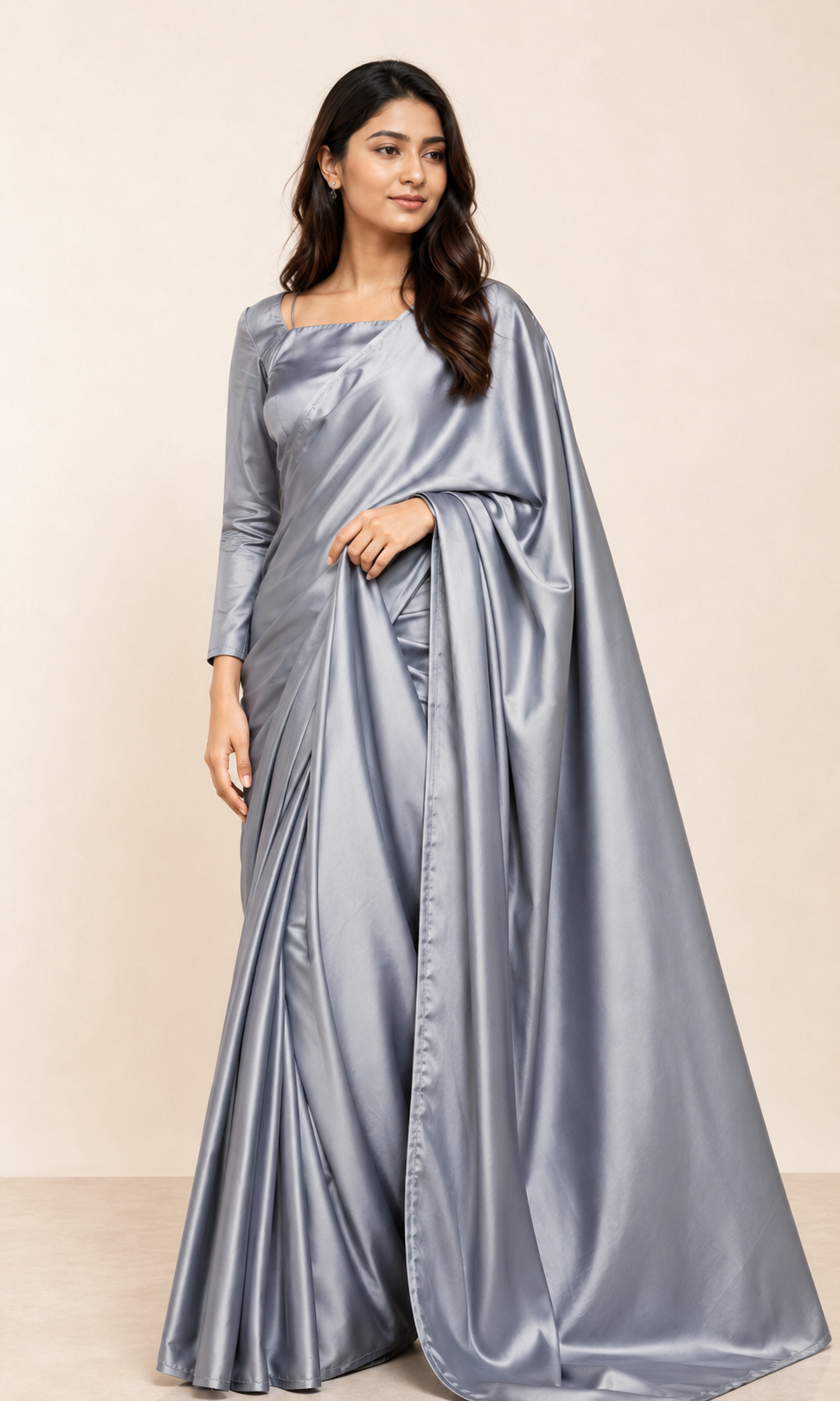 Silver Grey saree drape and detail view – NOOSHAM UK