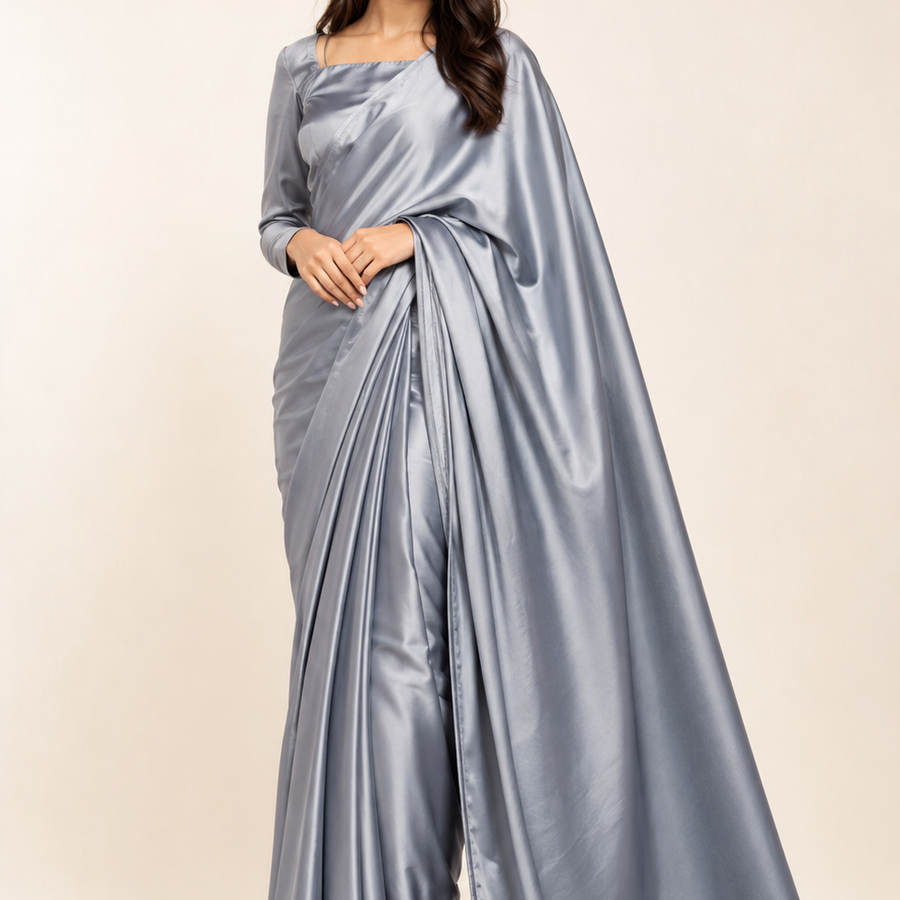 Silver Grey Satin-Look Saree – Elegant Occasion Wear fabric and embroidery detail – NOOSHAM UK