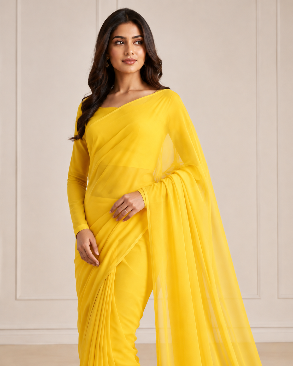Sunshine Yellow saree drape and detail view – NOOSHAM UK