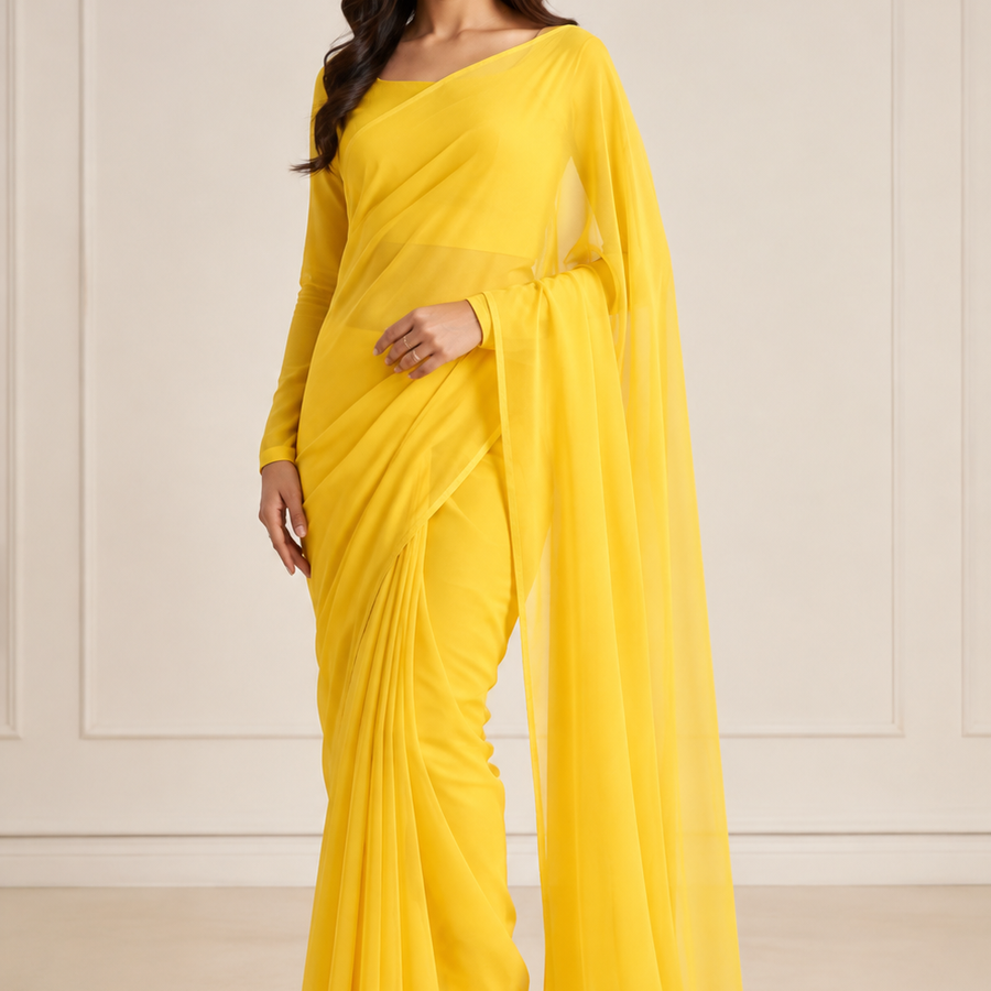 Sunshine Yellow Saree – Bright Wedding & Party Wear fabric and embroidery detail – NOOSHAM UK