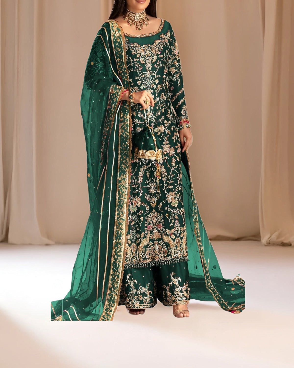Tabya Raw Silk Embroidered Wedding Suit fabric, border and hem detail